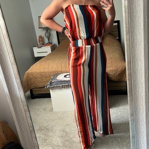 Two-Piece Striped Outfit, Flowy Pants and Tube Top